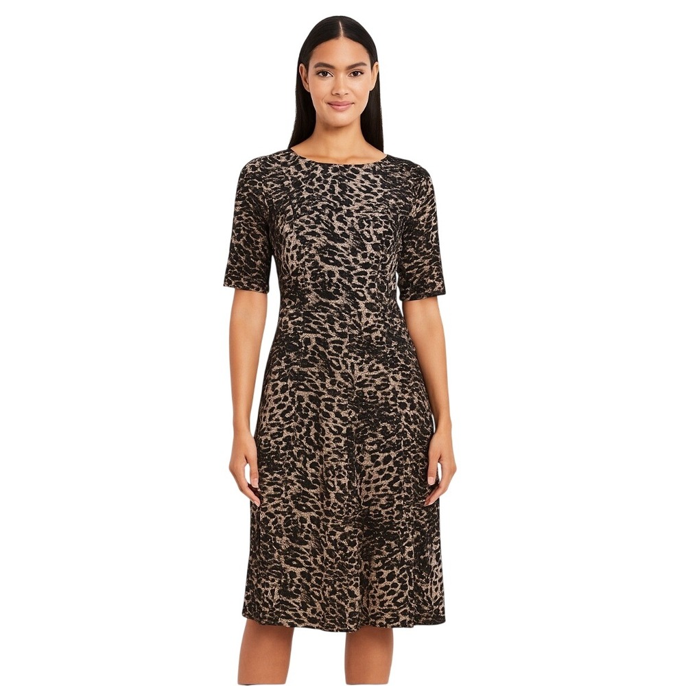 Evan Picone Women's Size 10 Leopard Short Sleeve Midi Fit & Flair Stretch Dress